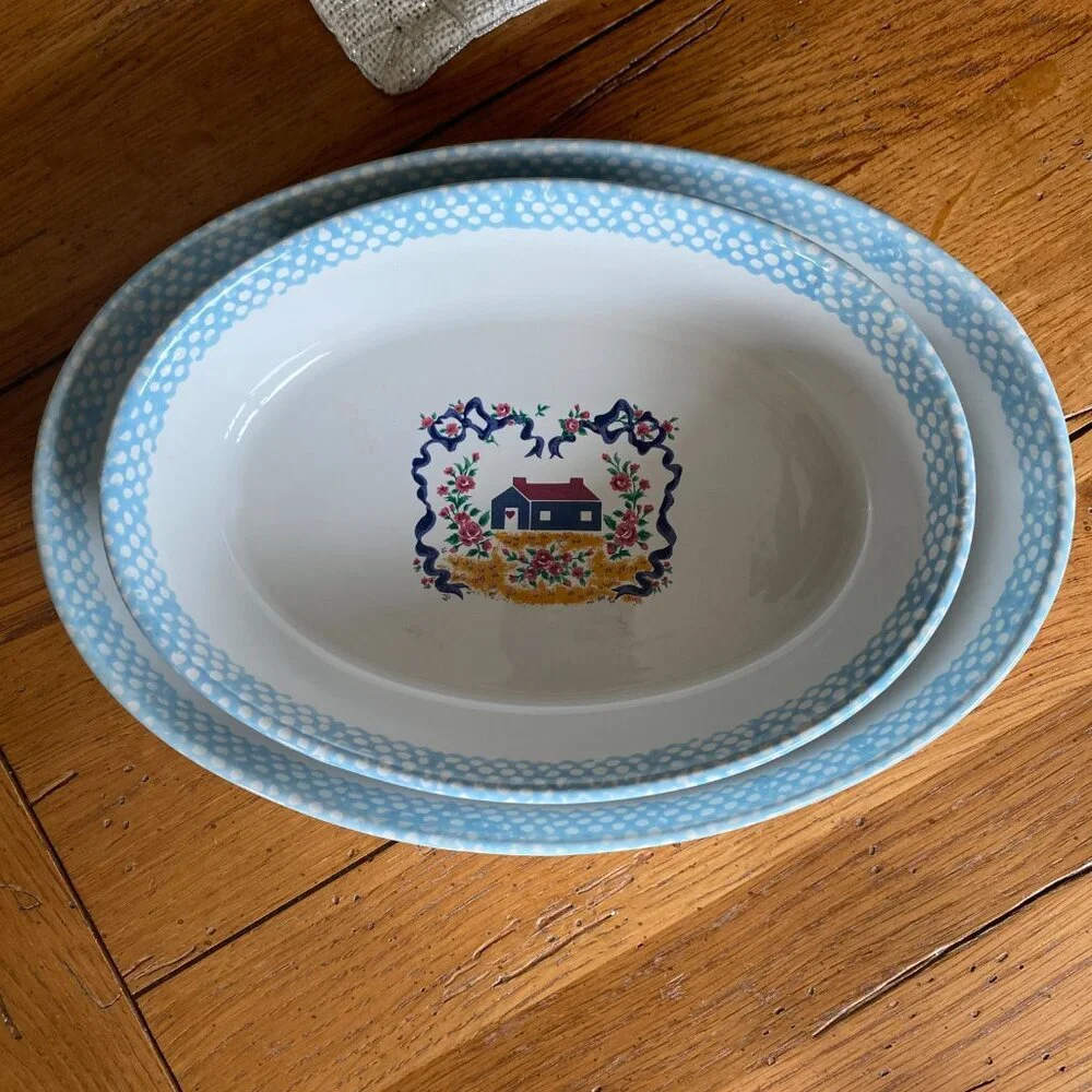 2 Teamson 1995 pottery vintage light blue and white stoneware casserole dishes